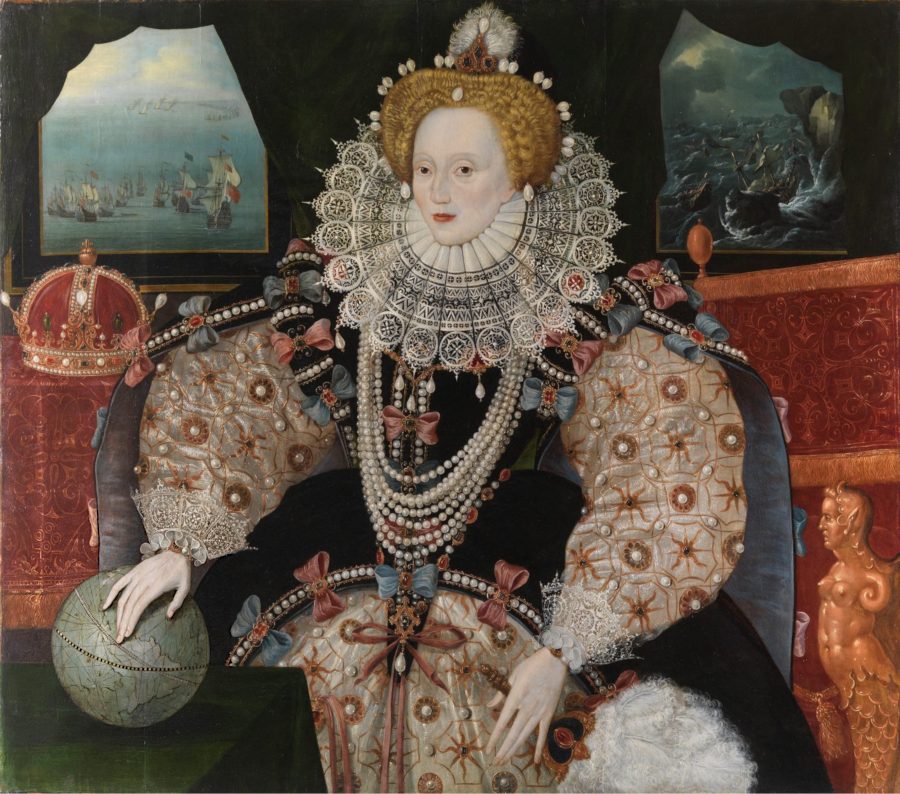 in the Armada portrait of Queen Elizabeth, rich in symbolism, her hand rests not on England but on Virginia to suggest her interest in colonization