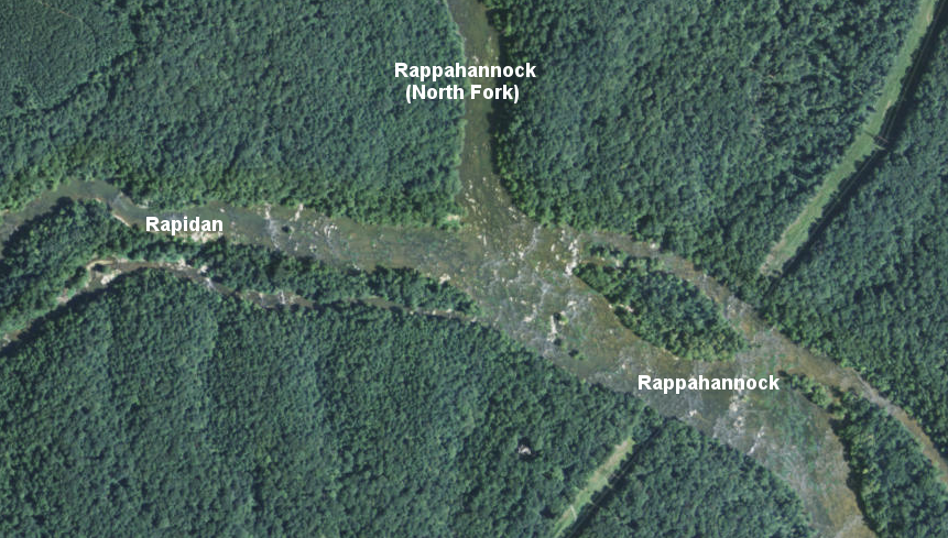 where the north and south forks of the Rappahannock diverge (going upstream), the traveler must take a sharper angle to follow the north fork - though today that branch is known as the Rappahannock River, while the south fork has the separate name of Rapidan River