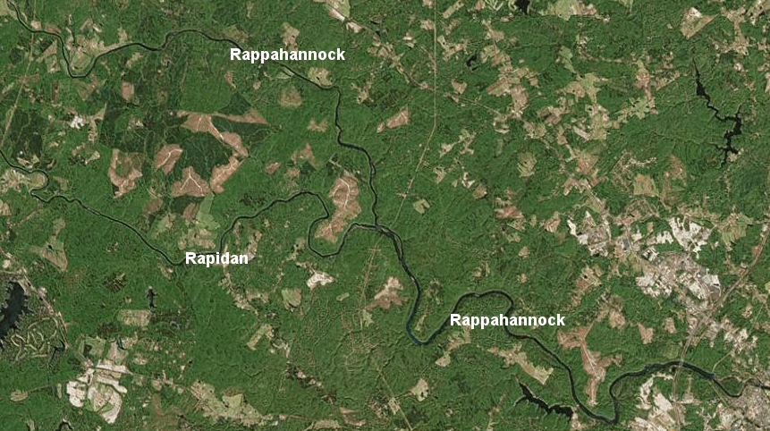 where the north and south forks of the Rappahannock diverge (going upstream), the traveler must take a sharper angle to follow the north fork - though today that branch is known as the Rappahannock River, while the south fork has the separate name of Rapidan River
