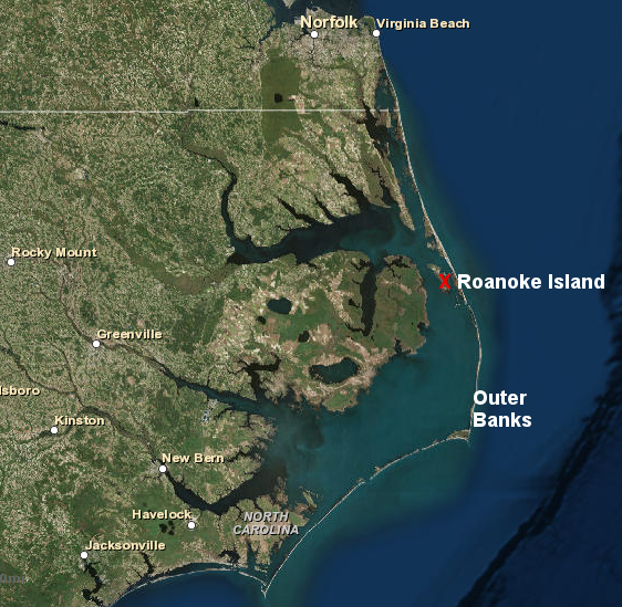 Roanoke Island is located west of the barrier islands that form the Outer Banks, sheltered from storms but difficult to access by ship
