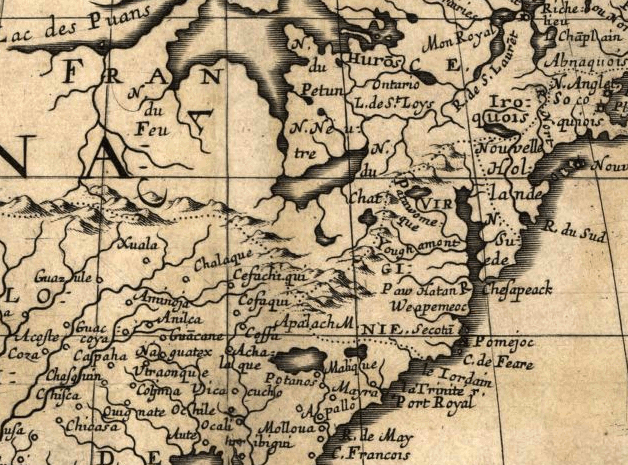 1650 map by Nicolas Sanson, showing the lands of the Erie - N[ation] du Chat - between Lake Erie and Virginia