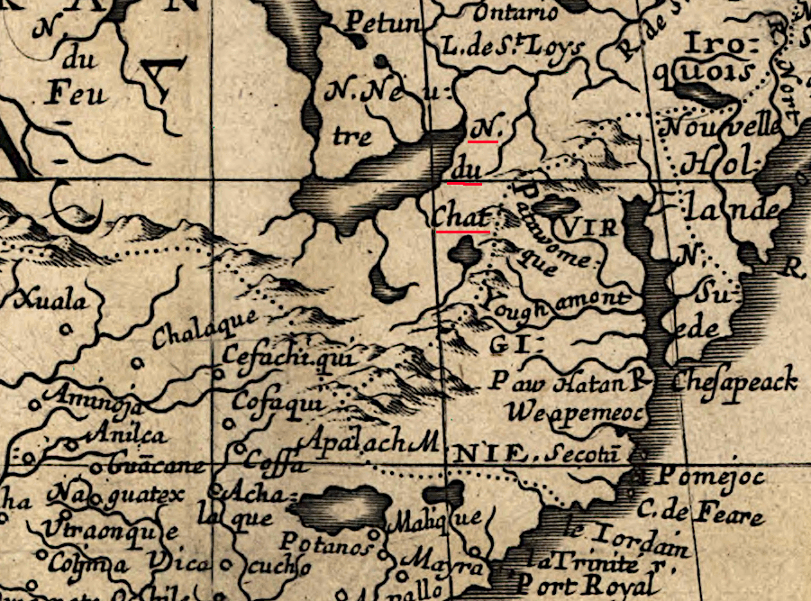 1650 map by Nicolas Sanson, showing the lands of the Erie - N[ation] du Chat - between Lake Erie and Virginia