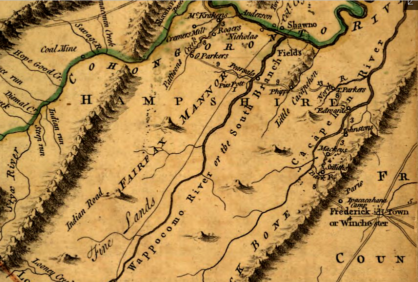 Joshua Fry and Peter Jefferson noted the location of the South Branch Manor (Fairfax Mannor) on the South Branch of the Potomac River