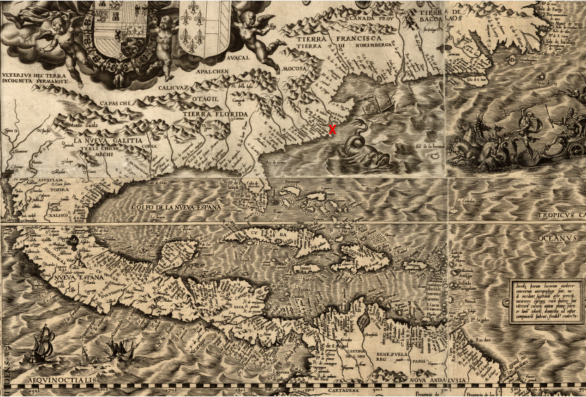 in the first two centuries of Spanish colonization in the New World, the Chesapeake Bay (red X) was on the edge - far from the focus of Spanish settlements that stretched from Mexico into South America