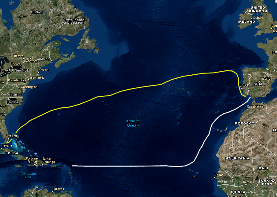 in the 16th, 17th, and 18th Centuries, Spanish fleets sailed from Seville south towards the Cape Verde Islands and then caught the northeasterly tradewinds to reach the Caribbean (white line), returning home from Havana to northern Spain by catching the Gulf Stream and then westerly tradewinds (yellow line)