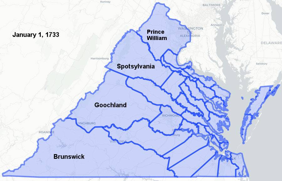 until Orange County was created in 1734, no Virginia county court or surveyor operated west of the Blue Ridge
