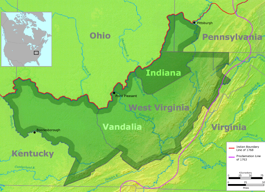 the sufffering traders obtained the Indiana Grant as compensation in the 1768 Treaty of Fort Stanwix, and land speculators expanded it to the proposed two-million acre colony of Vandalia