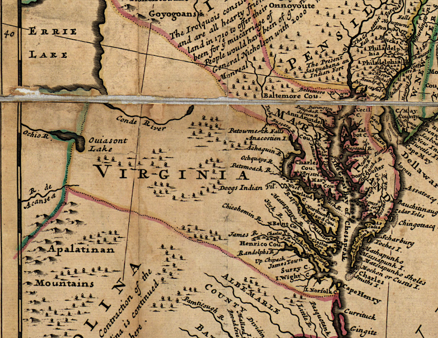 until Europeans explored lands west of the Blue Ridge, mapmakers hypothesized the locations of lakes/rivers - or just left spaces unmarked