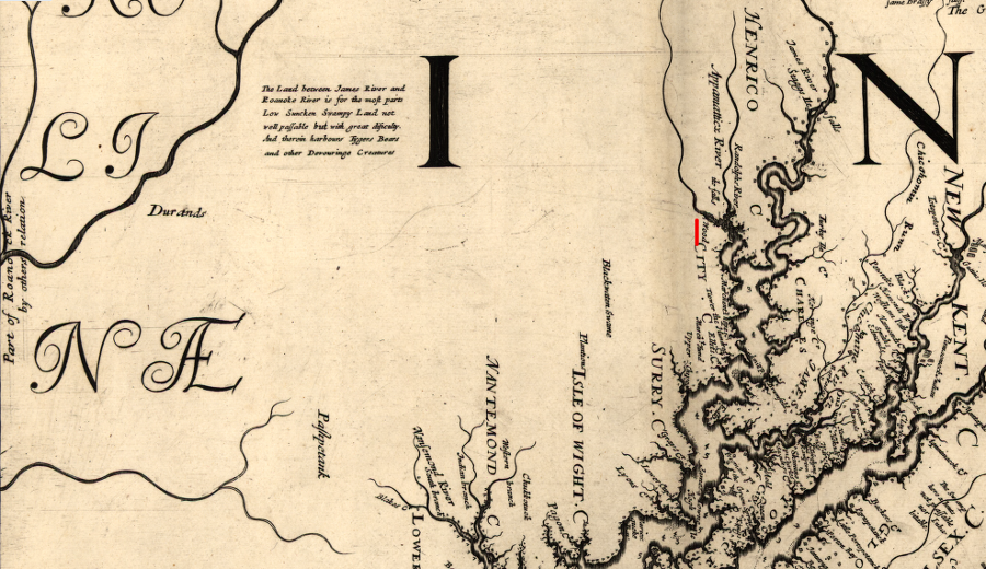 Abraham Wood established at fur trading fort on the Appomattox River, and explored south and west into the Roanoke River watershed