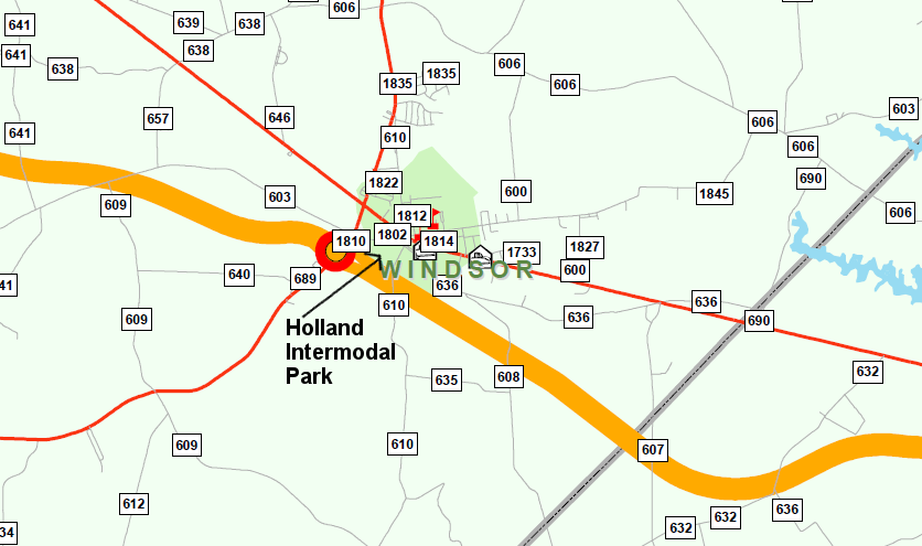 VDOT's original route was a new 460 south of Windsor, providing direct access for Holland Intermodal Park