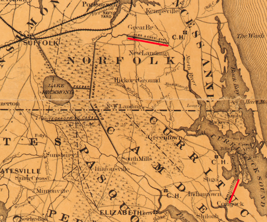 Albemarle and Chesapeake Canal in 1861, with cuts excavated in Virginia and North Carolina
