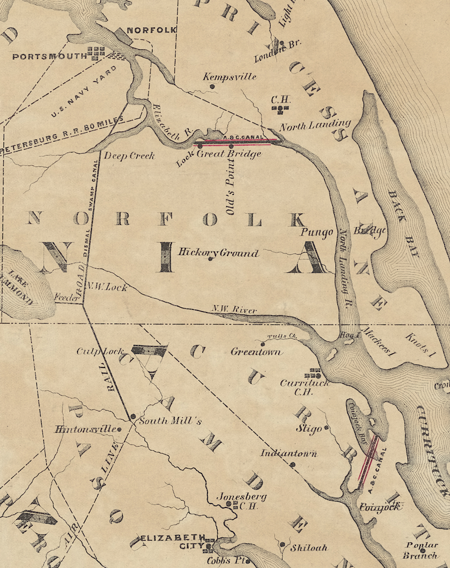 the Albemarle and Chesapeake Canal included two excavated sections, one in Virginia and one in North Carolina