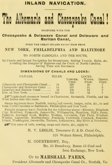 the Albemarle and Chesapeake Canal advertised its suitability for inland navigation in 1881