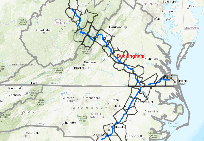 yellow dots mark the locations of the three compressor stations on the Atlantic Coast Pipeline
