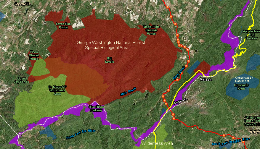 the Atlantic Coast Pipeline was routed across the Blue Ridge to avoid areas protected by conservation easements, or designated as wilderness or special biological areas, but still had to cross the Blue Ridge Parkway and Appalachian Trail