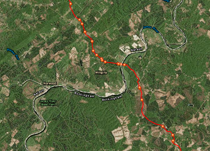 the Atlantic Coast Pipeline would require multiple stream crossings (shown as orange balls), including the James River