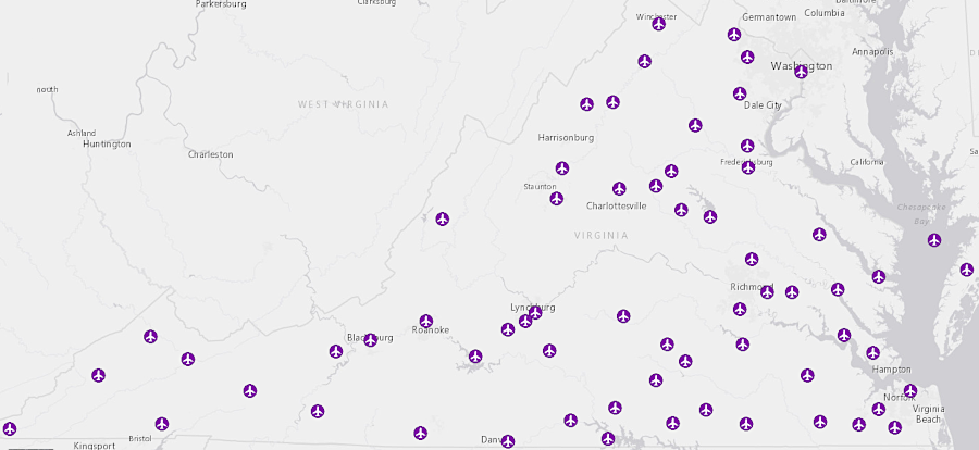 general aviation and commercial service airports in Virginia