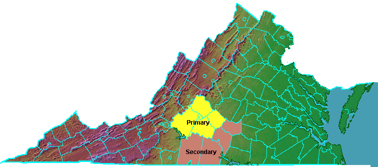 the primary and secondary catchment areas are the places where potential local travelers would consider Lynchburg Regional Airport (LYH) to be the closest commercial service airport
