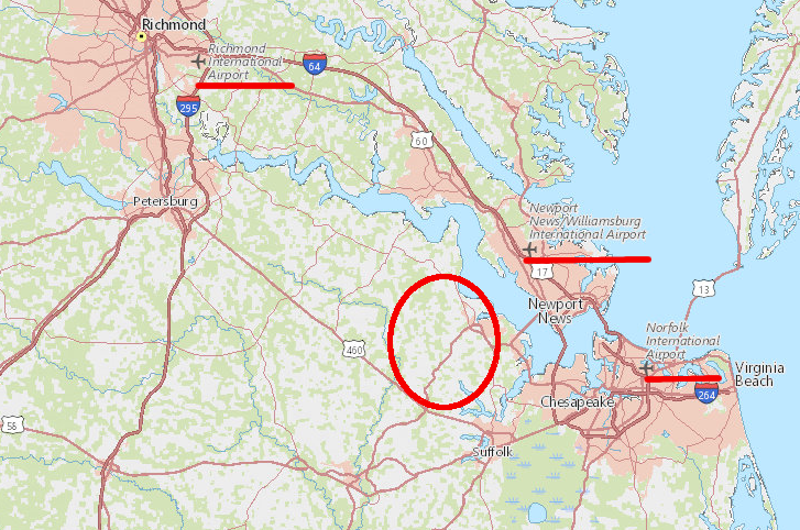 the 2001 Eastern Virginia Airport System Study suggested retaining Richmond International Airport (RIC) and building a new regional airport west of Suffolk