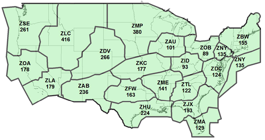 Virginia airspace is controlled by three of the 21 different Air Router Traffic Control Centers (ARTCCs)