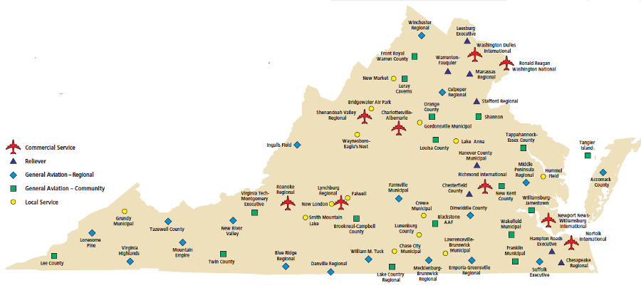 most airports in Virginia service General Aviation traffic, and only nine support scheduled passenger trips on commercial airlines