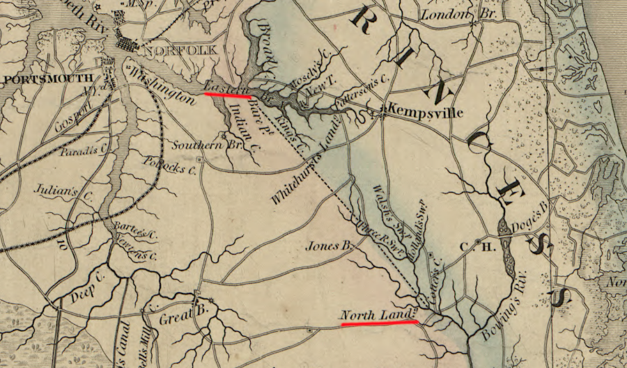 the Albemarle and Chesapeake Canal could have connected to the Eastern Branch of the Elizabeth River, but was built in 1859 to the Southern Branch