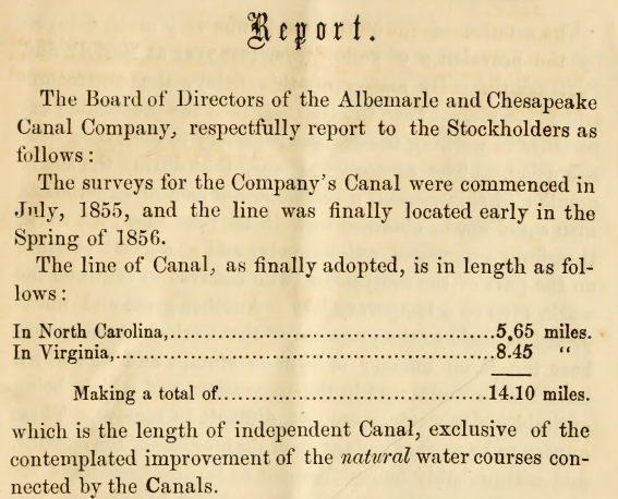 the first annual report of the Albemarle and Chesapeake Canal Company identified the length of canal segments