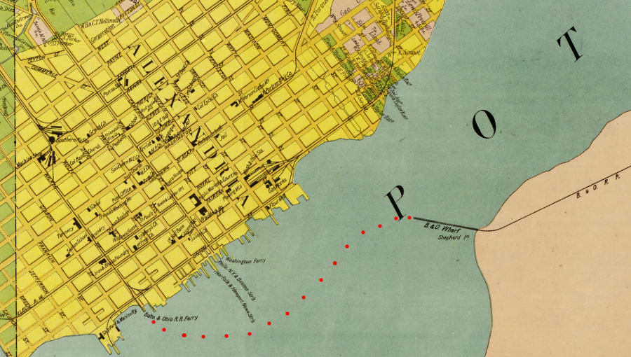 the Baltimore and Ohio Railroad ferried freight cars across the Potomac River to a wharf on the Alexandria waterfront