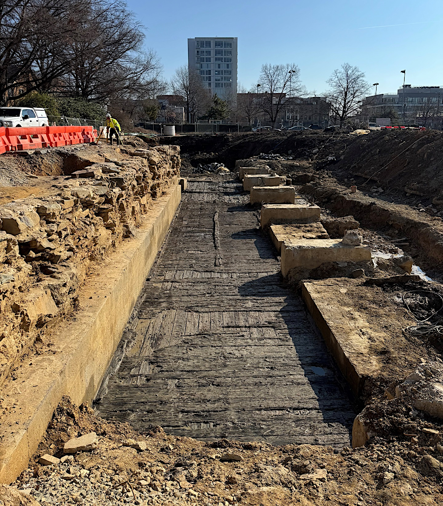 the fourth lock and third basin were excavated in 2024-2025, and the stone walls were stockpiled for later reconstruction in Montgomery Park