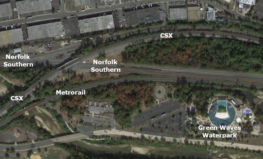 west of AF interlocking in Eisenhower Valley, Norfolk Southern uses the old Orange and Alexandria route and CSX uses the Richmond, Fredericksburg & Potomac Railroad route