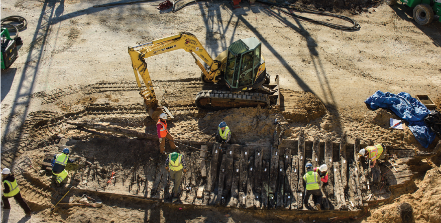 Alexandria expanded its wharf space from the natural riverbank deeper into the Potomac River, in part by sinking old ships and dumping dirt between piers that had extended out into the river - and in 2016, one of those ships was uncovered during excavation for the new Indigo Hotel