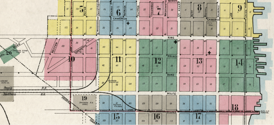 in 1912, the Pennsylvania Railroad used Fayette Street while the Southern Railway (which serviced the waterfront of Alexandria) had a parallel route a block away