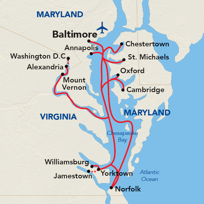 the American Revolution Cruise out of Baltimore stops at Alexandria and Yorktown, as well as Norfolk