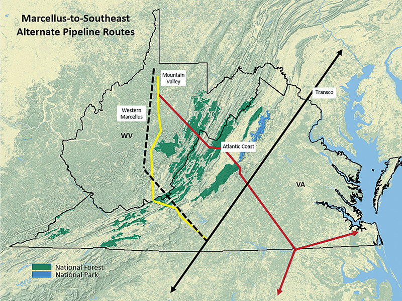the Mountain Valley Pipeline and Atlantic Coast Pipeline were proposed to bring natural gas from the Marcellus fields to southern Virginia, Hampton Roads, and North Carolina