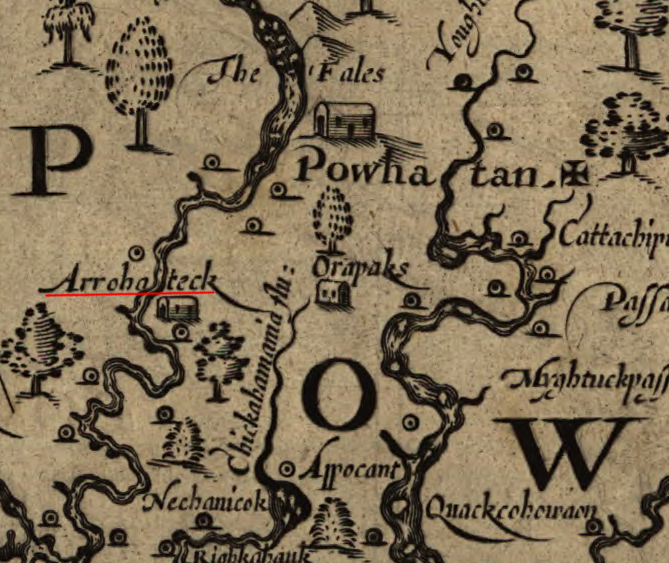 the Pocahontas Parkway crosses the James River thirteen miles downstream of the Fall Line (the Fales) at Richmond, where the Native American town of Arrohateck was located in 1607