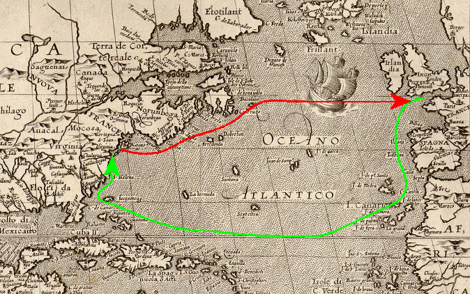 rough approximation of initial sailing routes between England and Virginia