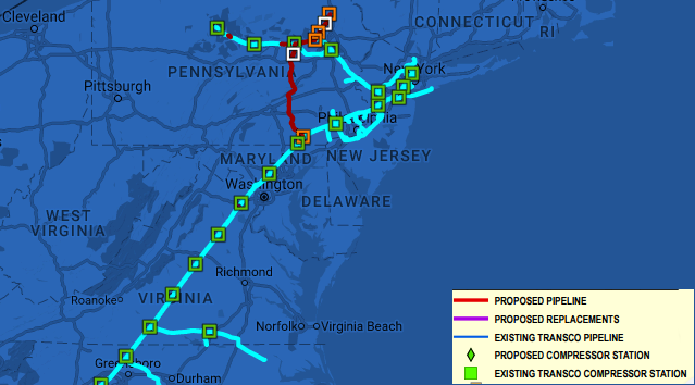 the Atlantic Sunrise pipeline (red line) would bring Pennsylvania gas south to Virginia, reversing flow in the Transco pipeline