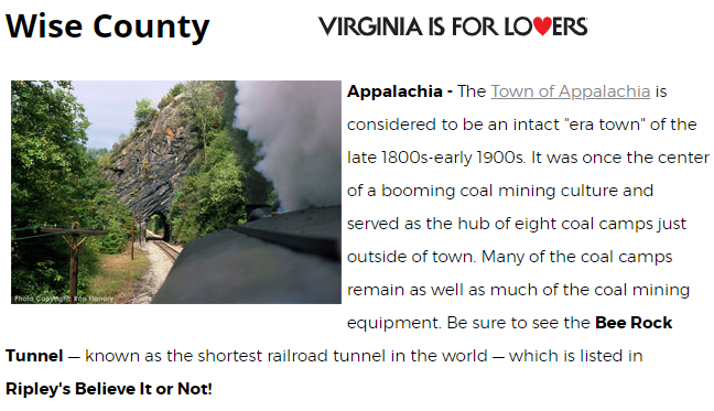 in 2018, Virginia tourism officials still highlighted the short length of the Bee Rock Tunnel