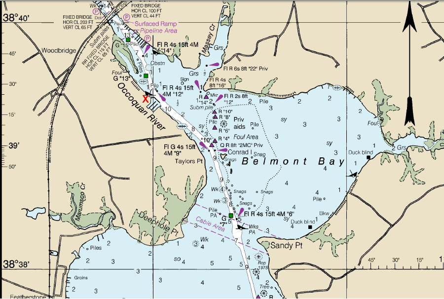 a ferry landing on the Occoquan River (red X) would require passing through Belmont Bay before reaching the main channel of the Potomac River