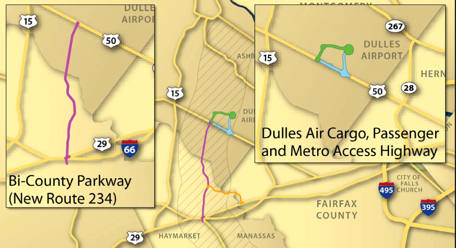 the Bi-County Parkway would link Prince William and Loudoun counties, while the Dulles Connector would provide a link to the airport