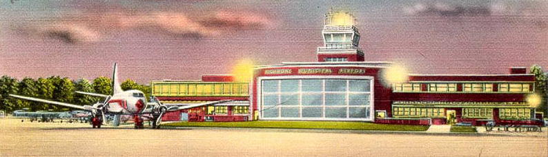 the 1950 terminal at the Richmond airport, seen here in a 1959 postcard, served until its first major expansion in 1968