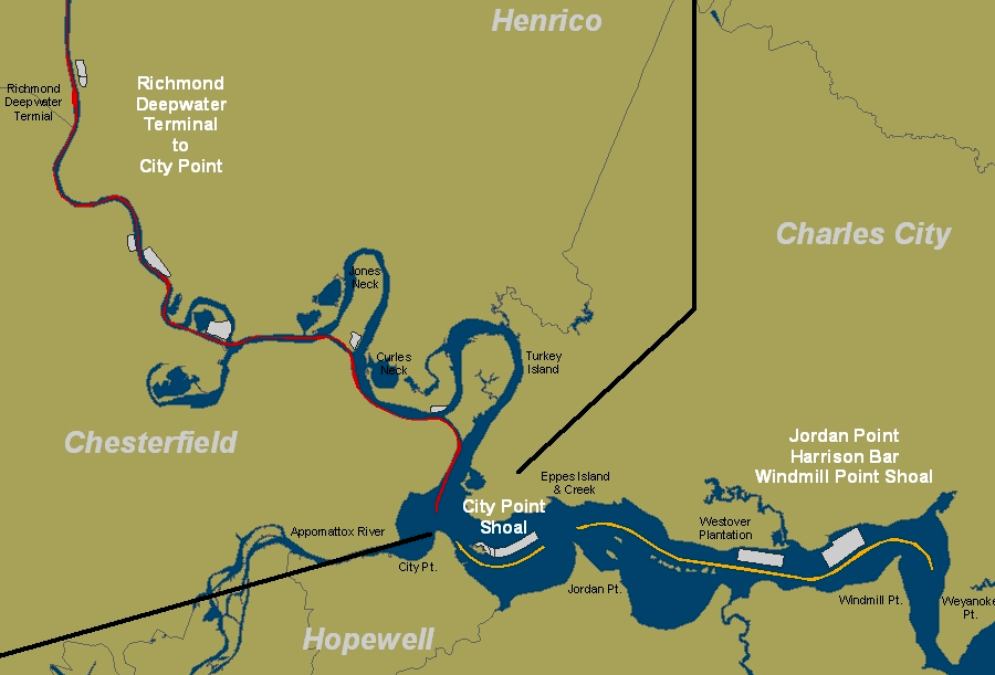 the US Army Corps of Engineers has straightened the James River with three artificial cuts through bends of the river