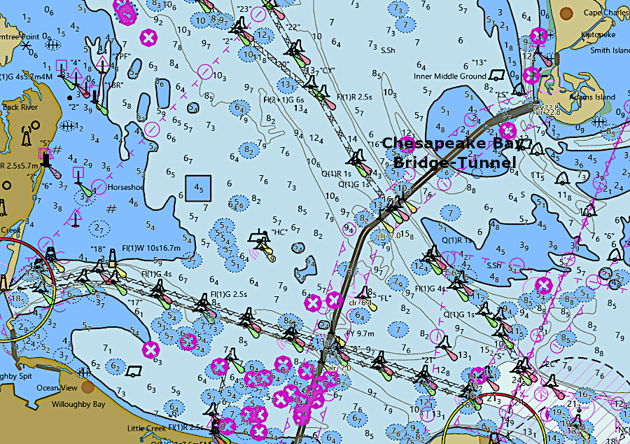 dredged channels west of the Chesapeake Bay Bridge-Tunnel lead west to Norfolk/Newport News and north to Baltimore