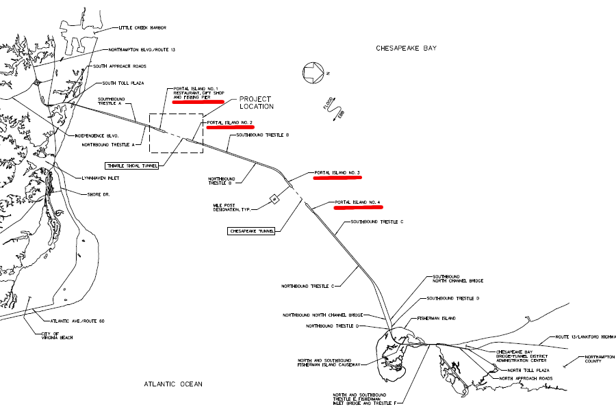 four islands were constructed at the mouth of the Chesapeake Bay to anchor the two tunnels