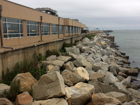 to limit erosion, massive chunks of granite armor the shorelines of the four artificial islands on the Chesapeake Bay Bridge-Tunnel