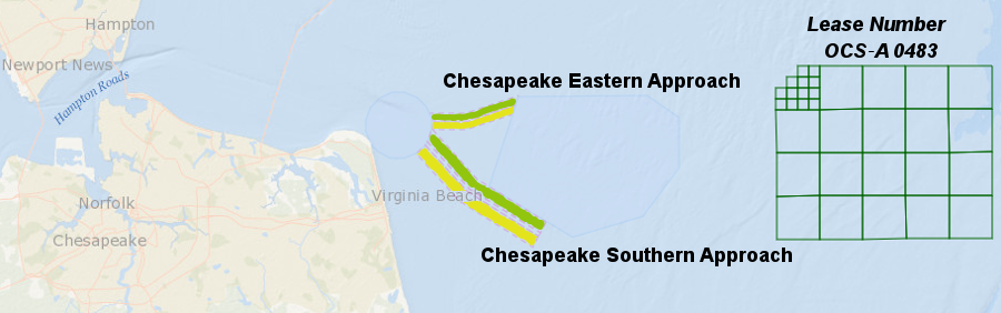 blocks leased by the Federal government for offshore wind turbines are located away from the designated inbound (green) and outbound (yellow) shipping channels