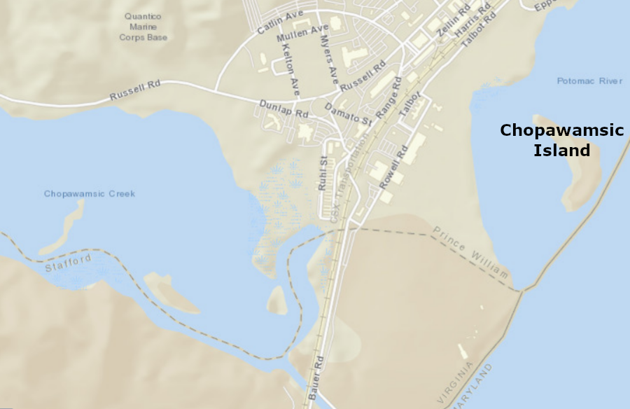 some Federal maps incorrectly place Chopawamsic Island in Prince William County