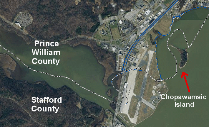 the 13 acres of Chopawamsic Island are in Stafford County, Virginia