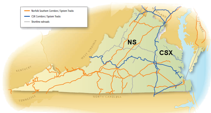 CSX railroad (blue line on map) provides rail service for Newport News and the I-95 corridor, while Norfolk Southern (orange line on map) serves Norfolk and the I-81 corridor (CSX also services Virginia International Gateway in Portsmouth)