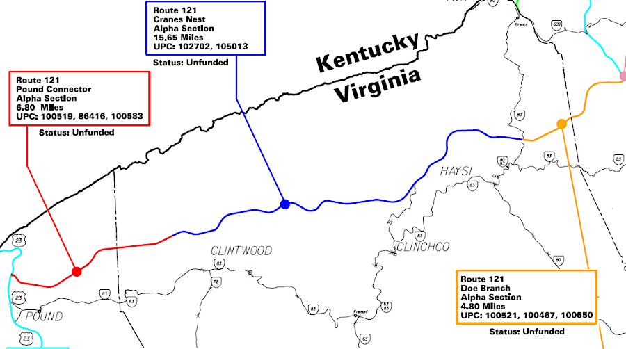 in 2021, Status: Unfunded applied to all segments of the Coalfields Expressway outside of Corridor Q